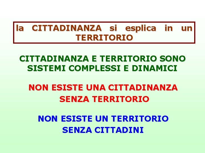 la CITTADINANZA si esplica in un TERRITORIO CITTADINANZA E TERRITORIO SONO SISTEMI COMPLESSI E