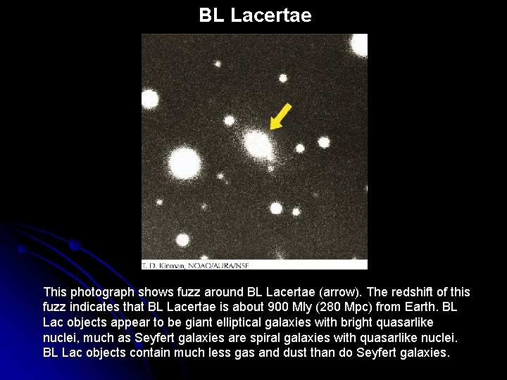 BL Lacertae This photograph shows fuzz around BL Lacertae (arrow). The redshift of this