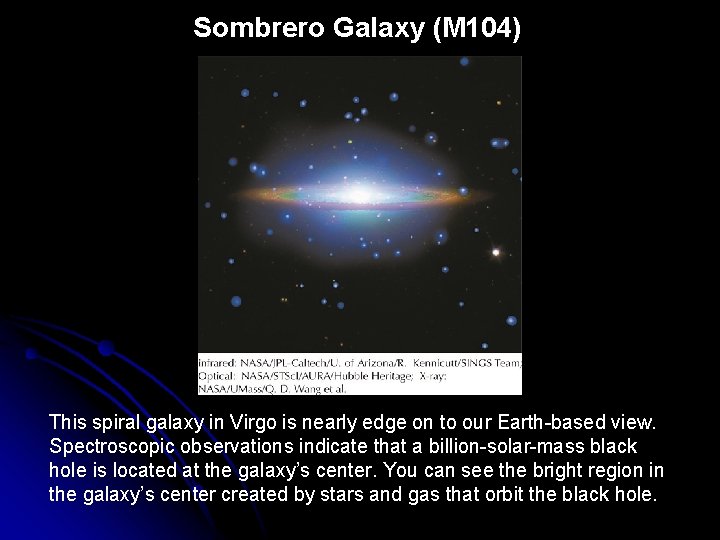 Sombrero Galaxy (M 104) This spiral galaxy in Virgo is nearly edge on to