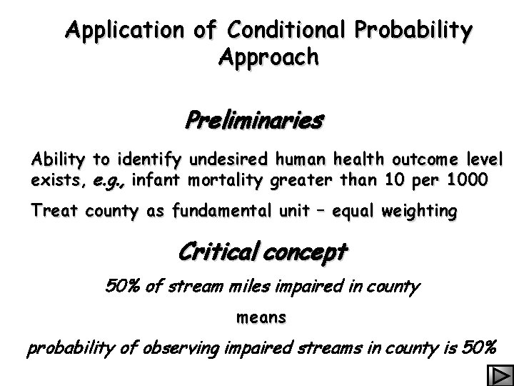 Application of Conditional Probability Approach Preliminaries Ability to identify undesired human health outcome level