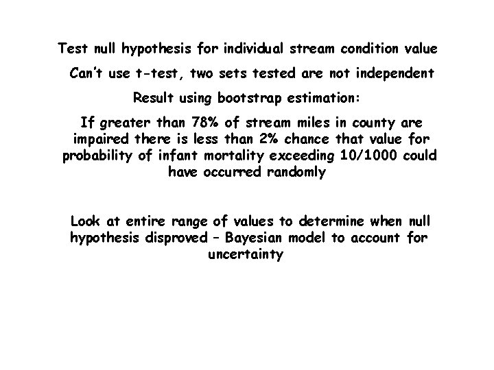 Test null hypothesis for individual stream condition value Can’t use t-test, two sets tested