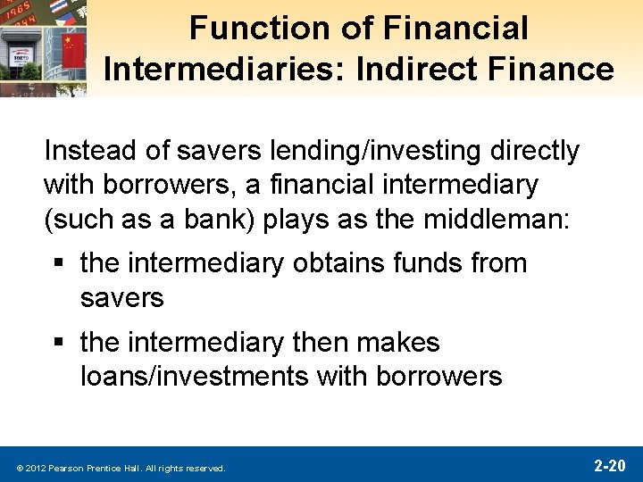 Function of Financial Intermediaries: Indirect Finance Instead of savers lending/investing directly with borrowers, a Function of Financial Intermediaries: Indirect Finance Instead of savers lending/investing directly with borrowers, a