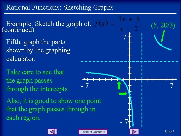 Rational Functions: Sketching Graphs Example: Sketch the graph of, (continued) Fifth, graph the parts