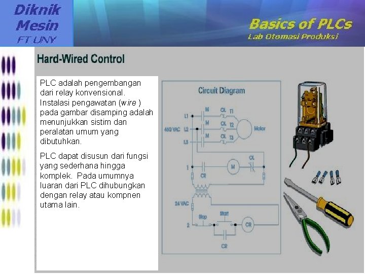 PLC adalah pengembangan dari relay konvensional. Instalasi pengawatan (wire ) pada gambar disamping adalah