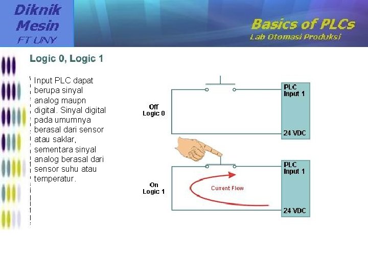 Input PLC dapat berupa sinyal analog maupn digital. Sinyal digital pada umumnya berasal dari