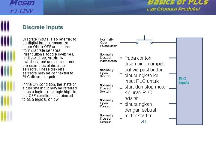 Pada contoh disamping nampak bahwa pushbutton dihubungkan ke input PLC untuk start dan stop