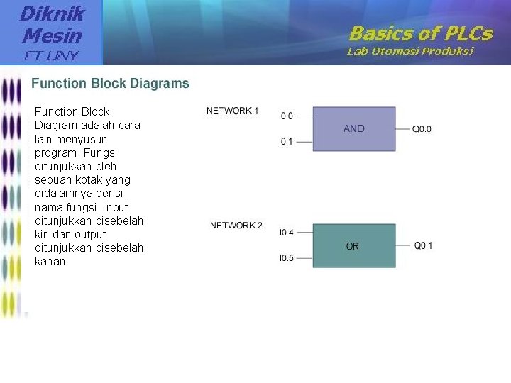 Function Block Diagram adalah cara lain menyusun program. Fungsi ditunjukkan oleh sebuah kotak yang