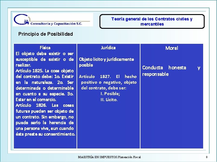 Teoría general de los Contratos civiles y mercantiles Principio de Posibilidad Física Jurídica Moral