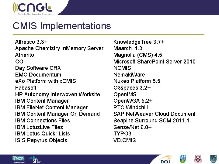 CMIS Implementations Alfresco 3. 3+ Apache Chemistry In. Memory Server Athento COI Day Software