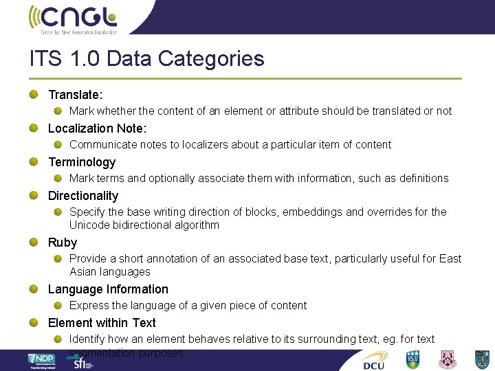 ITS 1. 0 Data Categories Translate: Mark whether the content of an element or