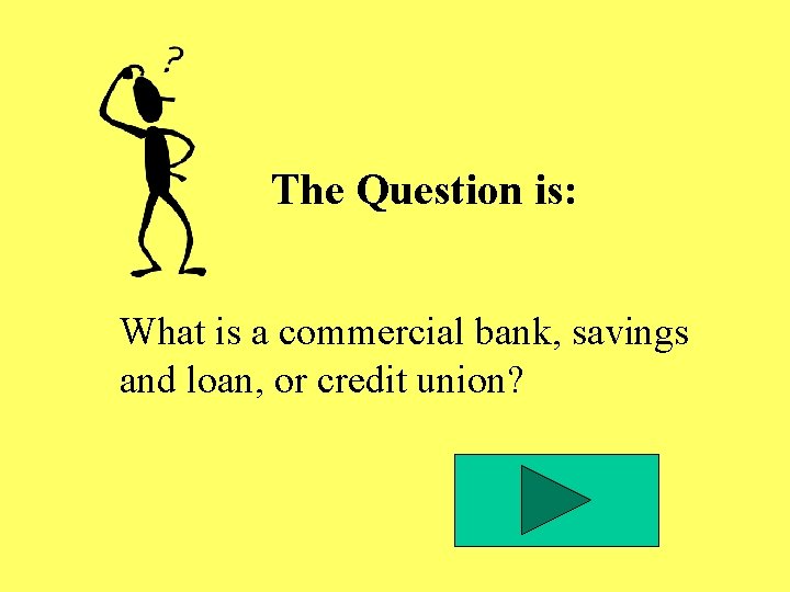 The Question is: What is a commercial bank, savings and loan, or credit union? The Question is: What is a commercial bank, savings and loan, or credit union?