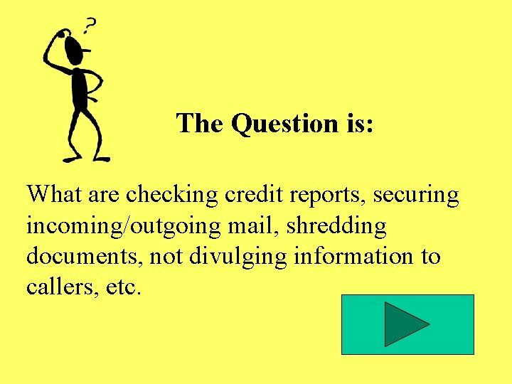 The Question is: What are checking credit reports, securing incoming/outgoing mail, shredding documents, not The Question is: What are checking credit reports, securing incoming/outgoing mail, shredding documents, not