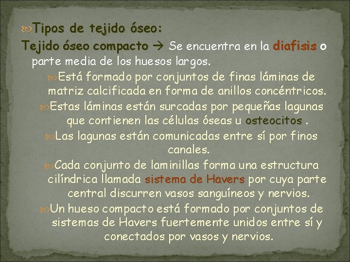 Tipos de tejido óseo: Tejido óseo compacto Se encuentra en la diafisis o Tipos de tejido óseo: Tejido óseo compacto Se encuentra en la diafisis o