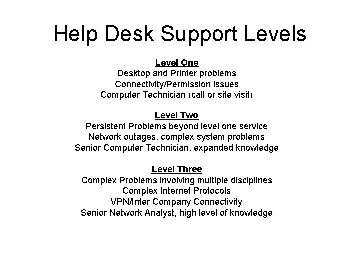 Help Desk Support Levels Level One Desktop and Printer problems Connectivity/Permission issues Computer Technician