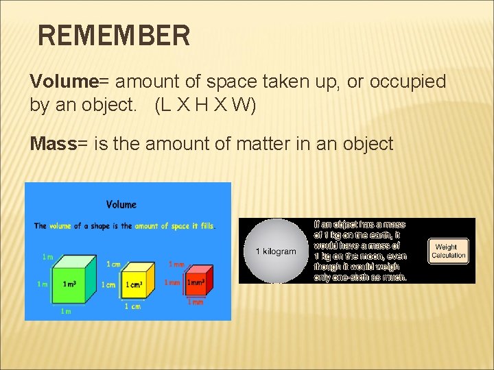 REMEMBER Volume= amount of space taken up, or occupied by an object. (L X