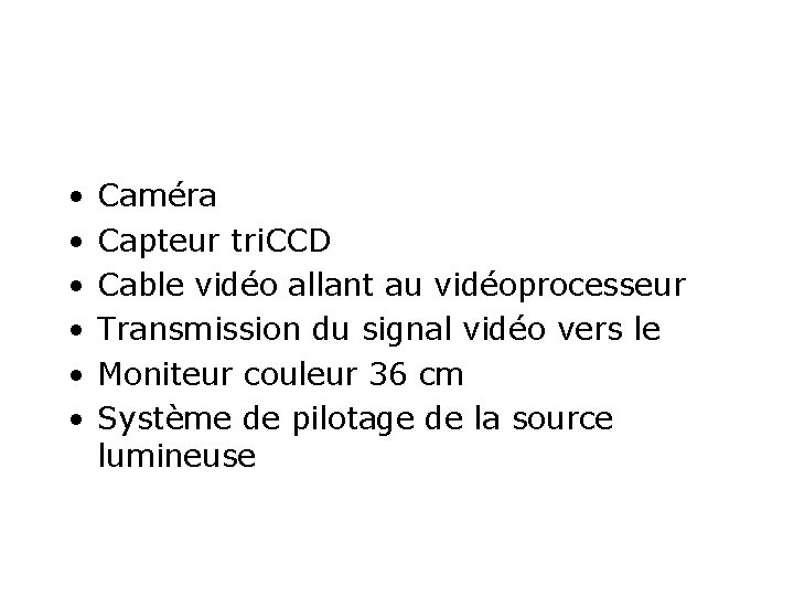 • • • Caméra Capteur tri. CCD Cable vidéo allant au vidéoprocesseur Transmission