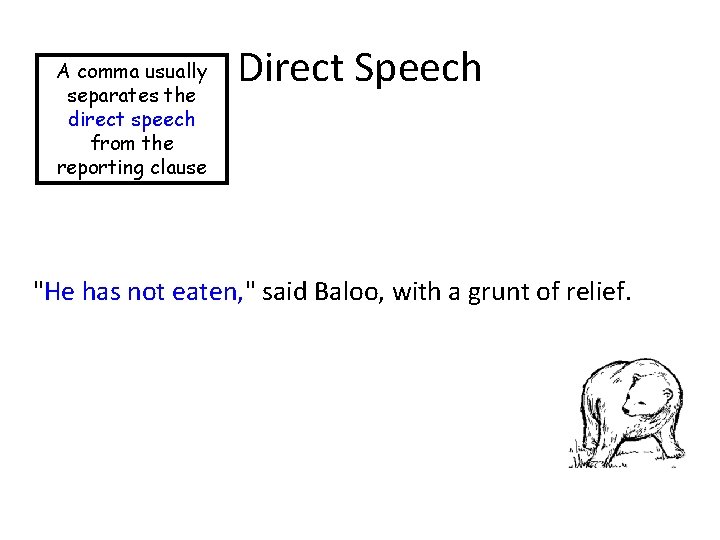 A comma usually separates the direct speech from the reporting clause Direct Speech "He