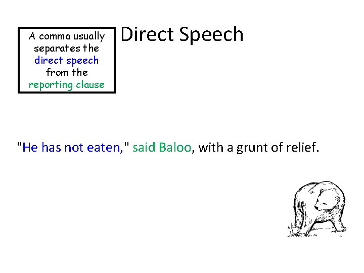 A comma usually separates the direct speech from the reporting clause Direct Speech "He