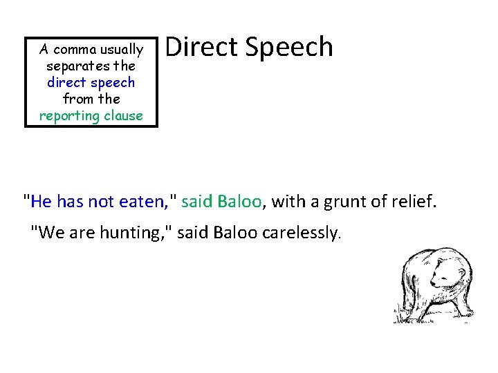 A comma usually separates the direct speech from the reporting clause Direct Speech "He