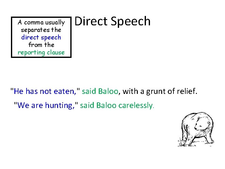 A comma usually separates the direct speech from the reporting clause Direct Speech "He