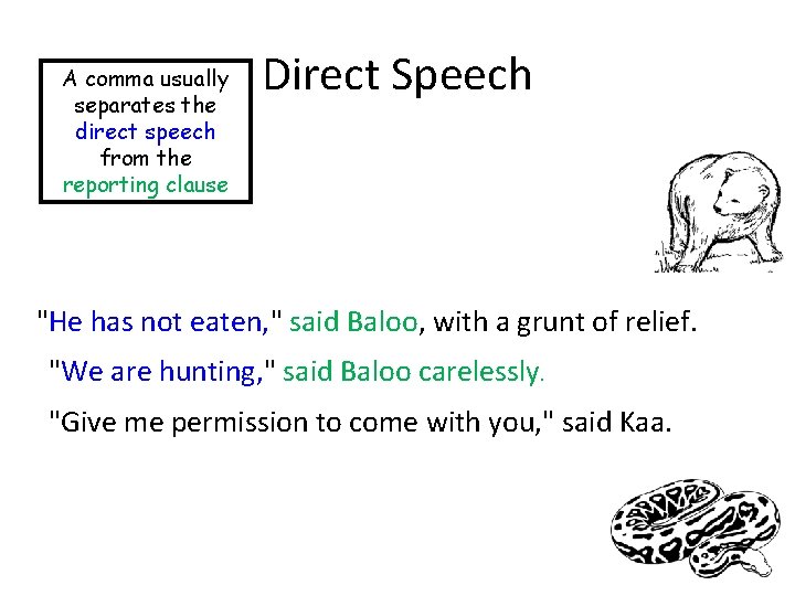 A comma usually separates the direct speech from the reporting clause Direct Speech "He