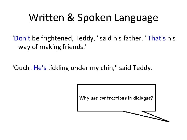 Written & Spoken Language "Don't be frightened, Teddy, " said his father. "That's his