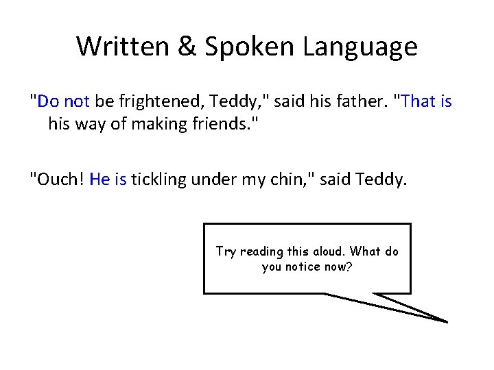 Written & Spoken Language "Do not be frightened, Teddy, " said his father. "That