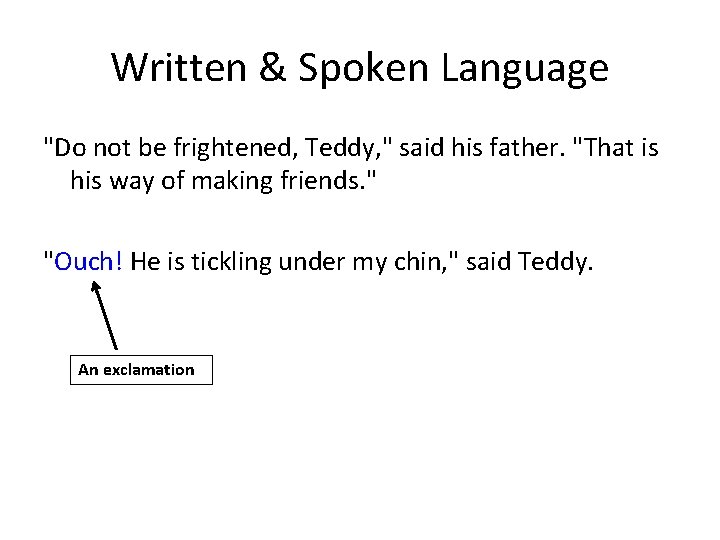 Written & Spoken Language "Do not be frightened, Teddy, " said his father. "That