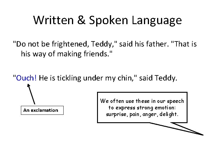 Written & Spoken Language "Do not be frightened, Teddy, " said his father. "That