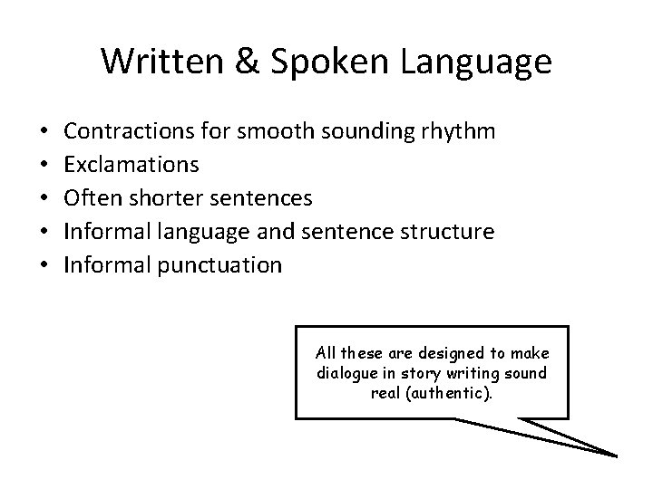 Written & Spoken Language • • • Contractions for smooth sounding rhythm Exclamations Often