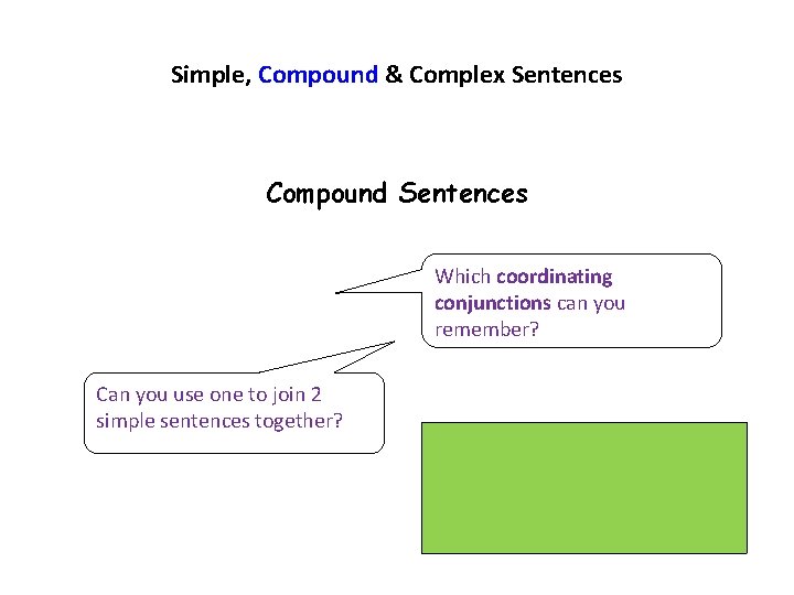 Simple, Compound & Complex Sentences Compound Sentences Which coordinating conjunctions can you remember? Can