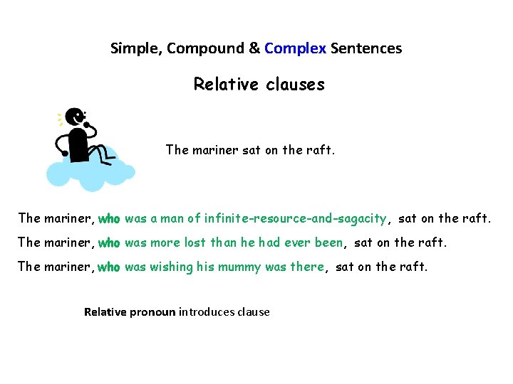 Simple, Compound & Complex Sentences Relative clauses The mariner sat on the raft. The