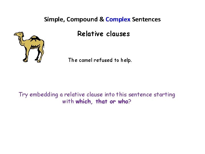 Simple, Compound & Complex Sentences Relative clauses The camel refused to help. Try embedding