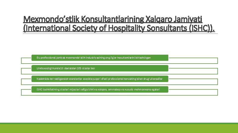 Mexmondo’stlik Konsultantlarining Xalqaro Jamiyati (International Society of Hospitality Sonsultants (ISHC)). Bu professional jamiyat mexmondo’stlik