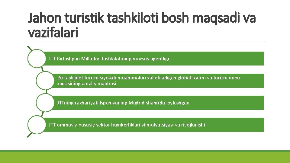 Jahon turistik tashkiloti bosh maqsadi va vazifalari JTT Birlashgan Millatlar Tashkilotining maxsus agentligi Bu