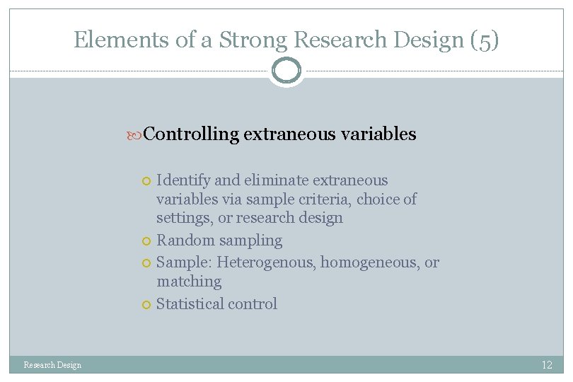 Elements of a Strong Research Design (5) Controlling extraneous variables Research Design Identify and