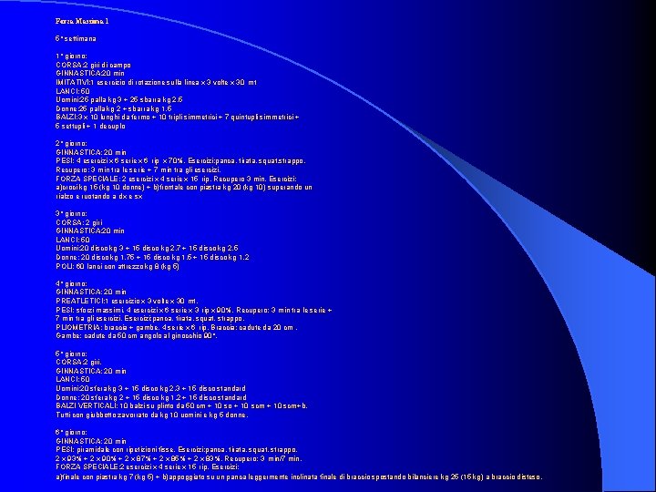 Forza Massima 1 5° settimana 1° giorno: CORSA: 2 giri di campo GINNASTICA: 20