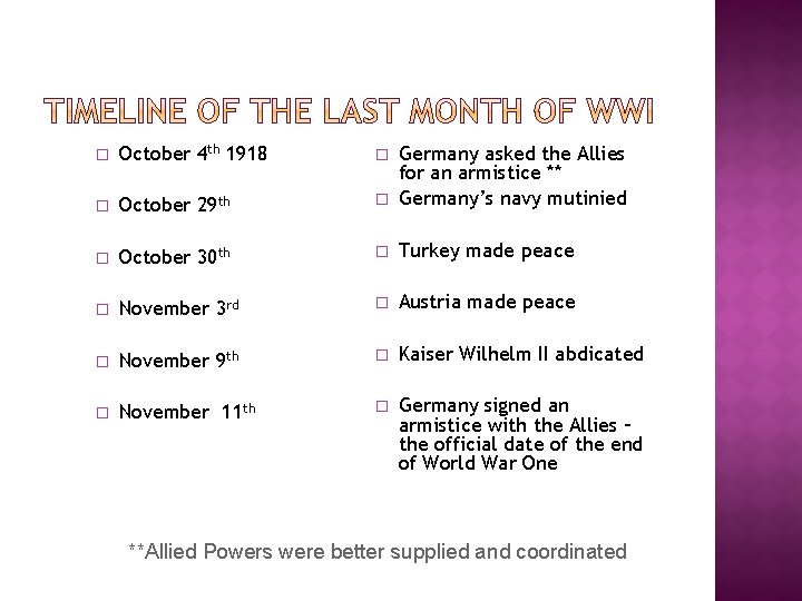 � October 4 th 1918 � � October 29 th � Germany asked the