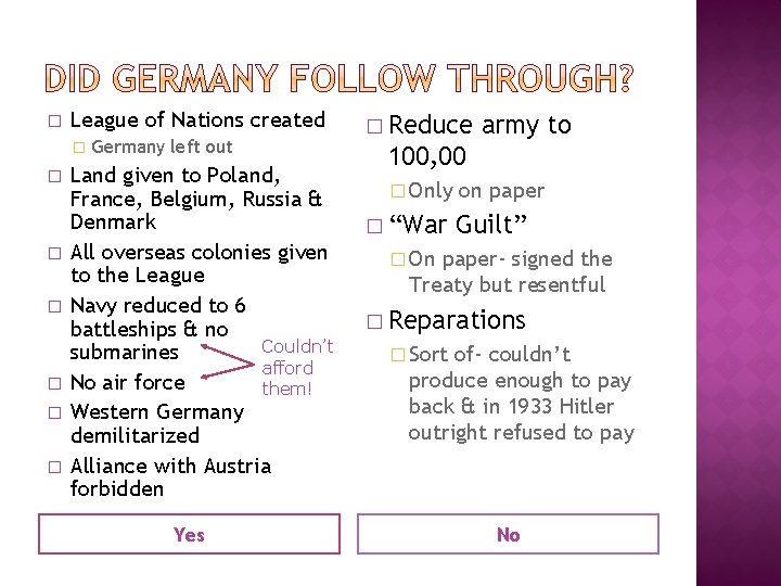 � League of Nations created � Germany � � � left out Land given