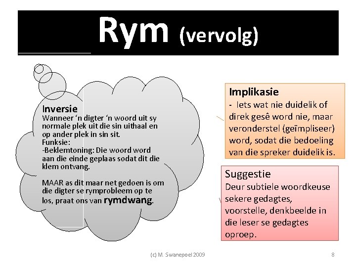 Rym (vervolg) Implikasie Inversie Wanneer ‘n digter ‘n woord uit sy normale plek uit