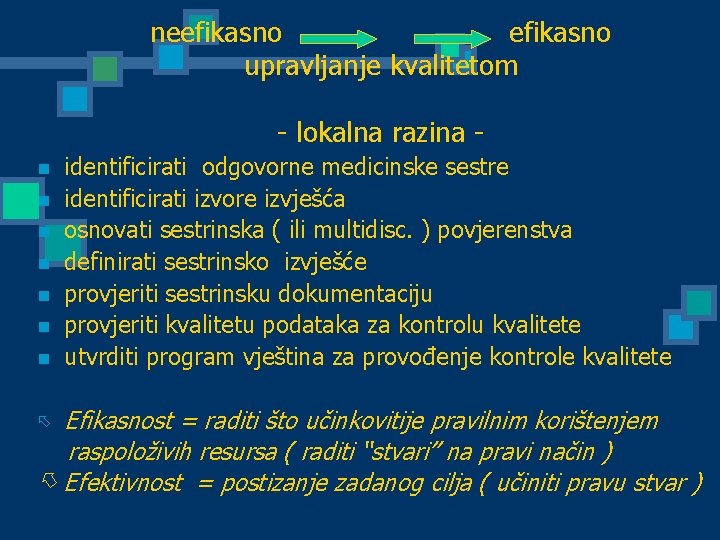 neefikasno upravljanje kvalitetom - lokalna razina n n n n identificirati odgovorne medicinske sestre
