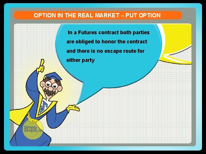 OPTION IN THE REAL MARKET – PUT OPTION In a Futures contract both parties