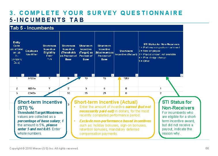 3. COMPLETE YOUR SURVEY QUESTIONNAIRE 5 -INCUMBENTS TAB Short-term Incentive (STI) % Threshold/Target/Maximum values