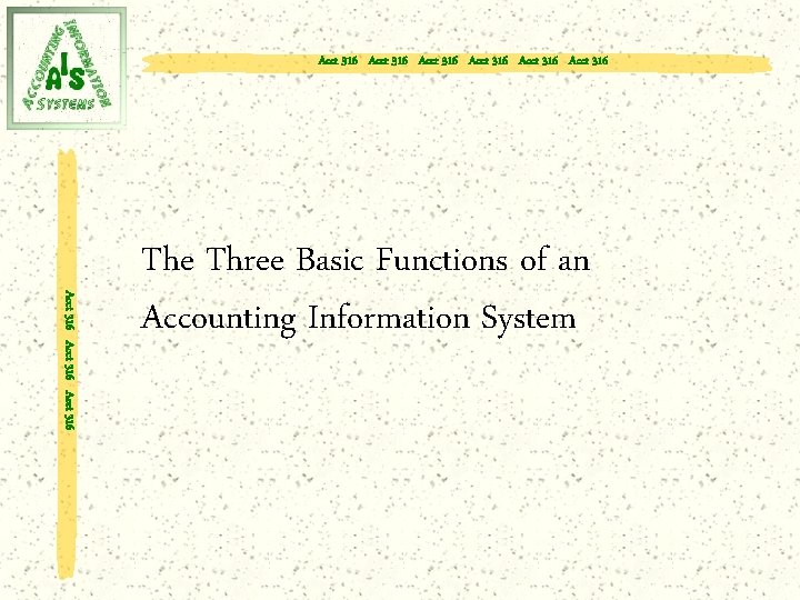 Acct 316 Acct 316 Acct 316 The Three Basic Functions of an Accounting Information