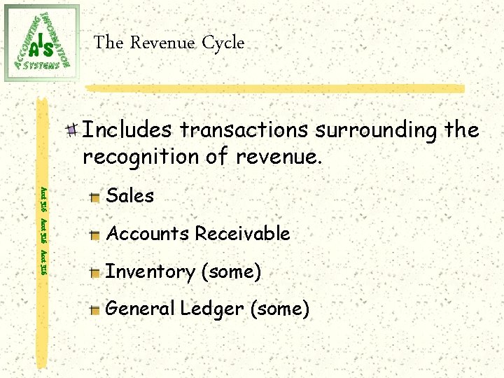 The Revenue Cycle Includes transactions surrounding the recognition of revenue. Acct 316 Sales Accounts