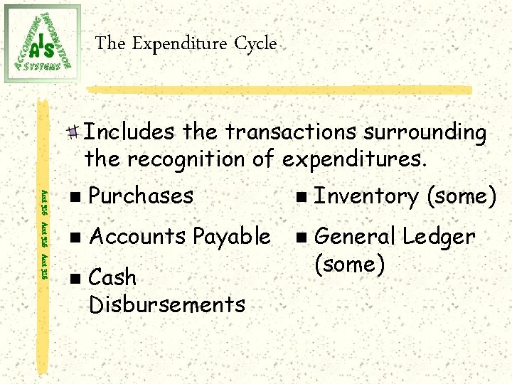 The Expenditure Cycle Includes the transactions surrounding the recognition of expenditures. Acct 316 n