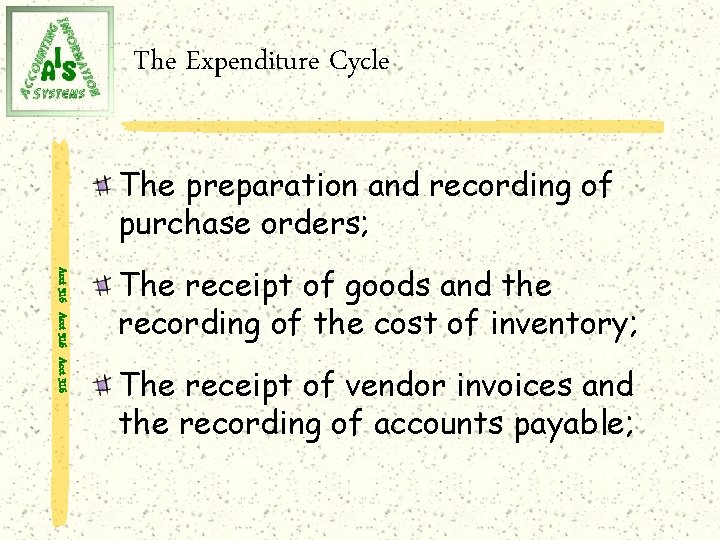 The Expenditure Cycle The preparation and recording of purchase orders; Acct 316 The receipt