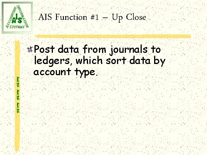 AIS Function #1 – Up Close Acct 316 Post data from journals to ledgers,