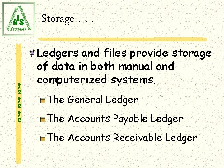 Storage. . . Acct 316 Ledgers and files provide storage of data in both
