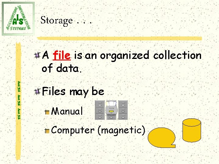 Storage. . . A file is an organized collection of data. Acct 316 Files